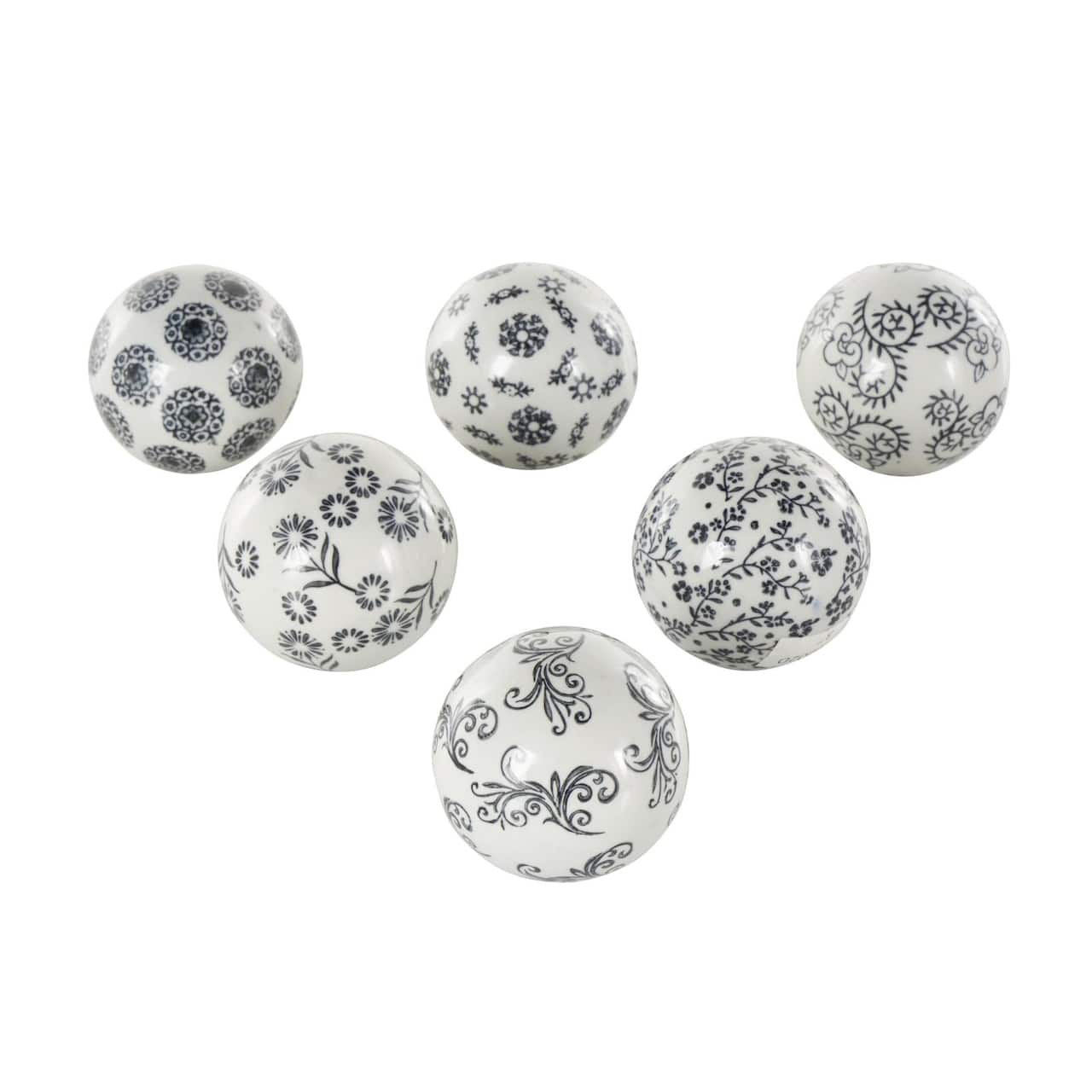 3" White & Black Floral Ceramic Decorative Ball Orbs Set
